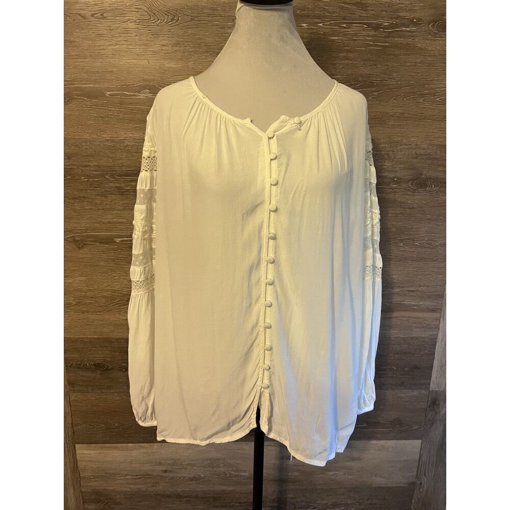 Chico's Sz 2 White Tunic Blouse Beaded Pleated Balloon Sleeve Romantic Boho